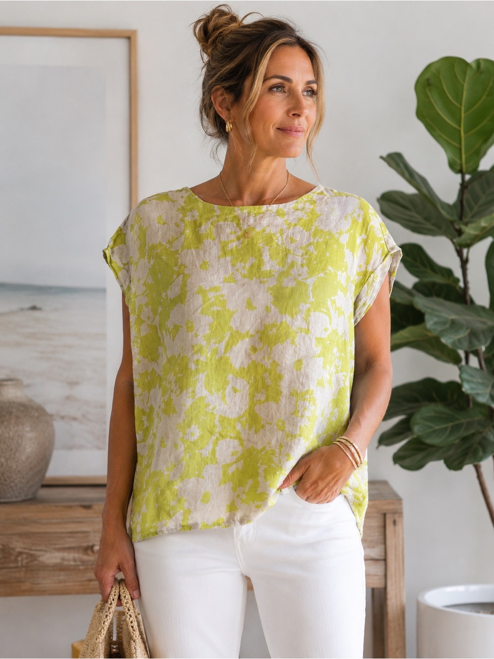 Celtic & Co Linen Short Sleeve Top in Lime Floral- S/M